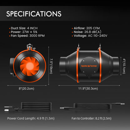 Spider Farmer SF-4CP Abluftset – 100 mm, 205 CFM, smart & leise